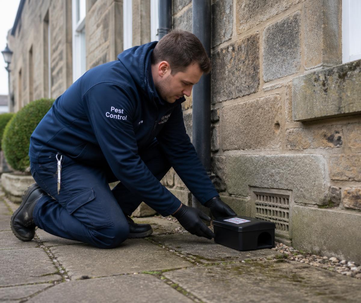 Pest control technician placing a mouse bait station beside a stone-built property in Ayrshire